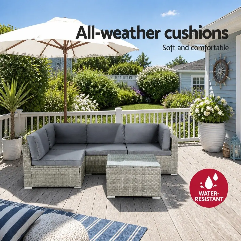 5-Piece Outdoor Wicker Sofa Set Grey 4 Seater Lounge Couch with Glass Top Table
