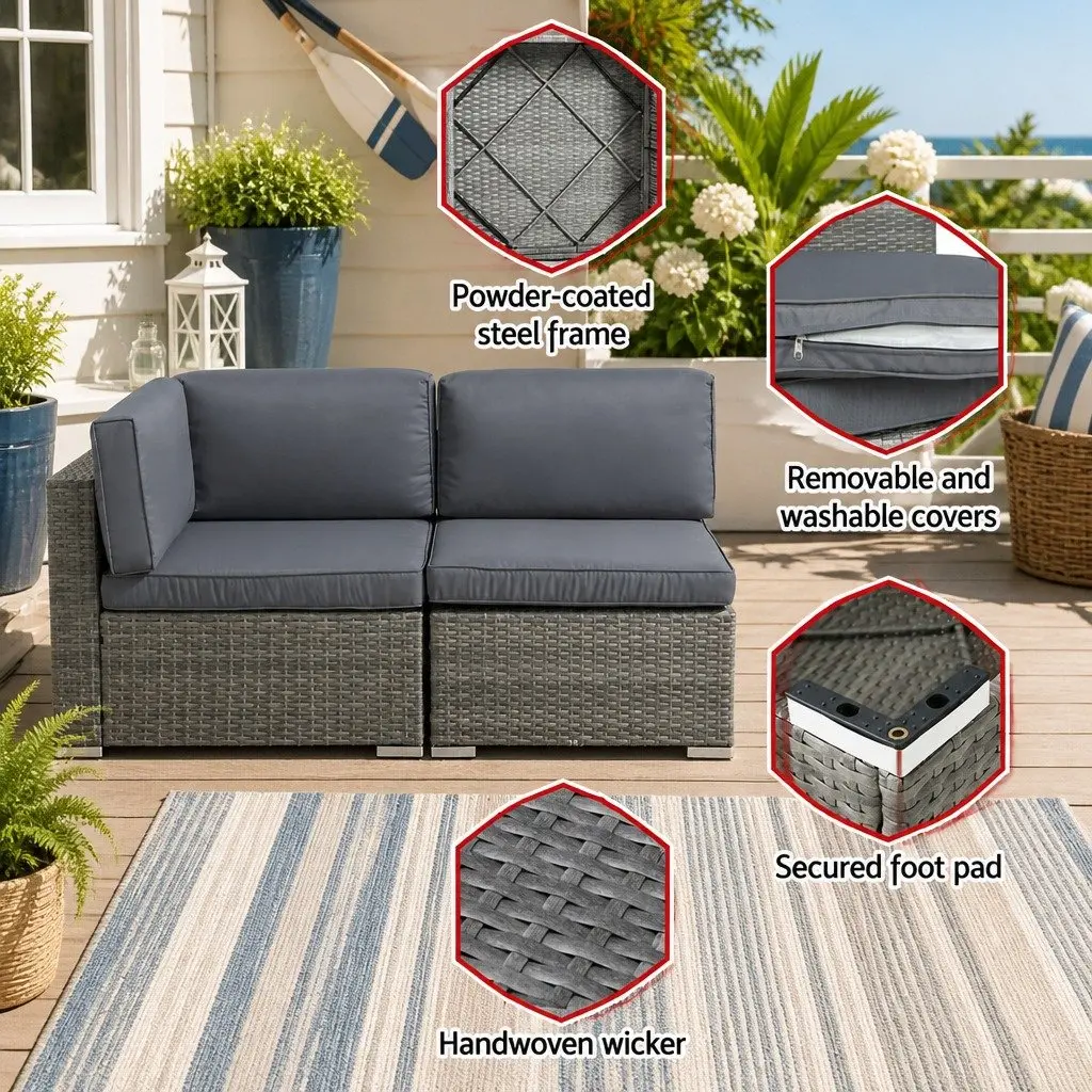 5-Piece Outdoor Wicker Sofa Set Grey 4 Seater Lounge Couch with Glass Top Table