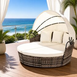 Outdoor Day Bed Sun Lounge Patio Furniture Set Wicker Lounger Folding Canopy