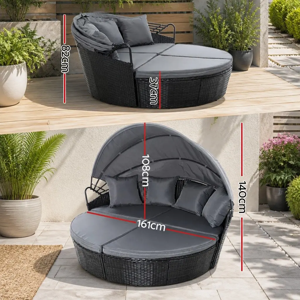 Outdoor Day Bed Sun Lounge Wicker Lounger Patio Furniture with Canopy Black