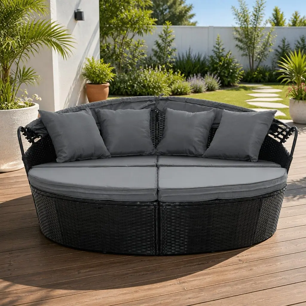 Outdoor Day Bed Sun Lounge Wicker Lounger Patio Furniture with Canopy Black