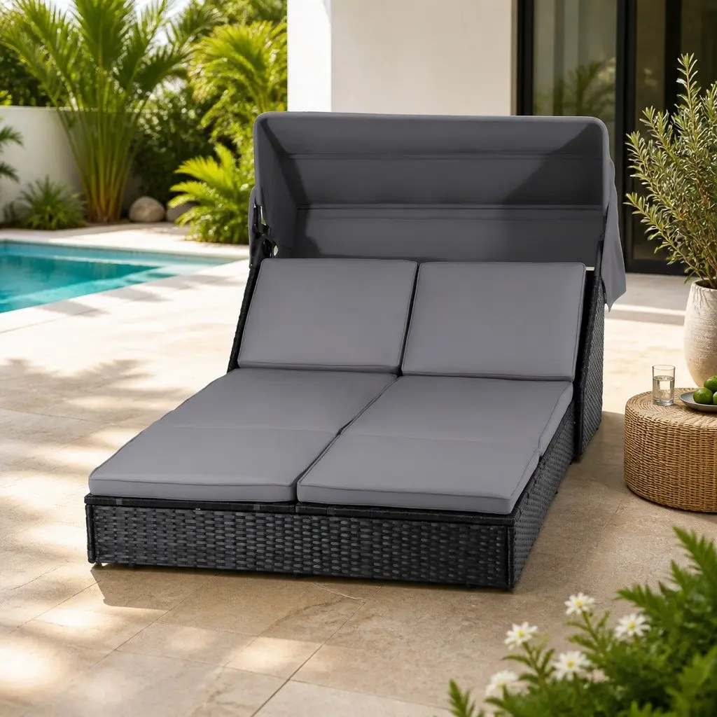 Outdoor Day Bed Adjustable Backrest 120 x 240 cm Wicker Lounger