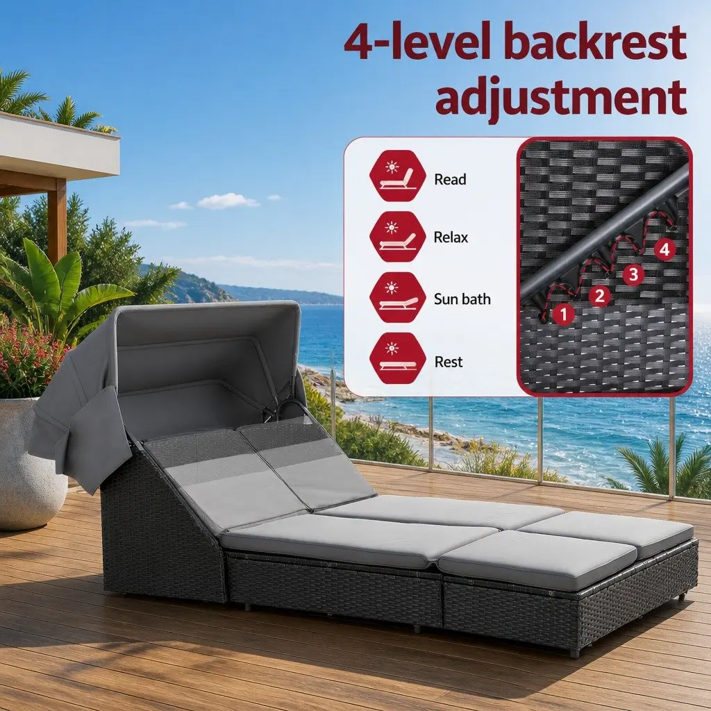 Outdoor Day Bed Adjustable Backrest 120 x 240 cm Wicker Lounger