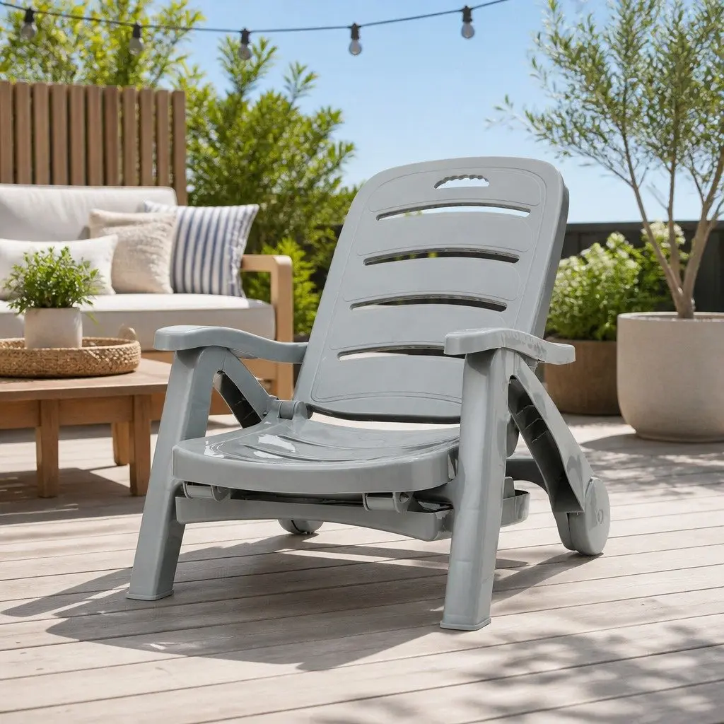 Folding Sun Lounger with 5-Position Adjustable Backrest and Wheels Grey