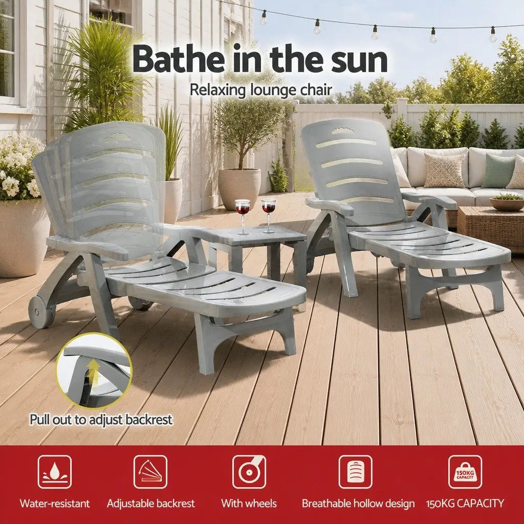 Folding Sun Lounger with 5-Position Adjustable Backrest and Wheels Grey