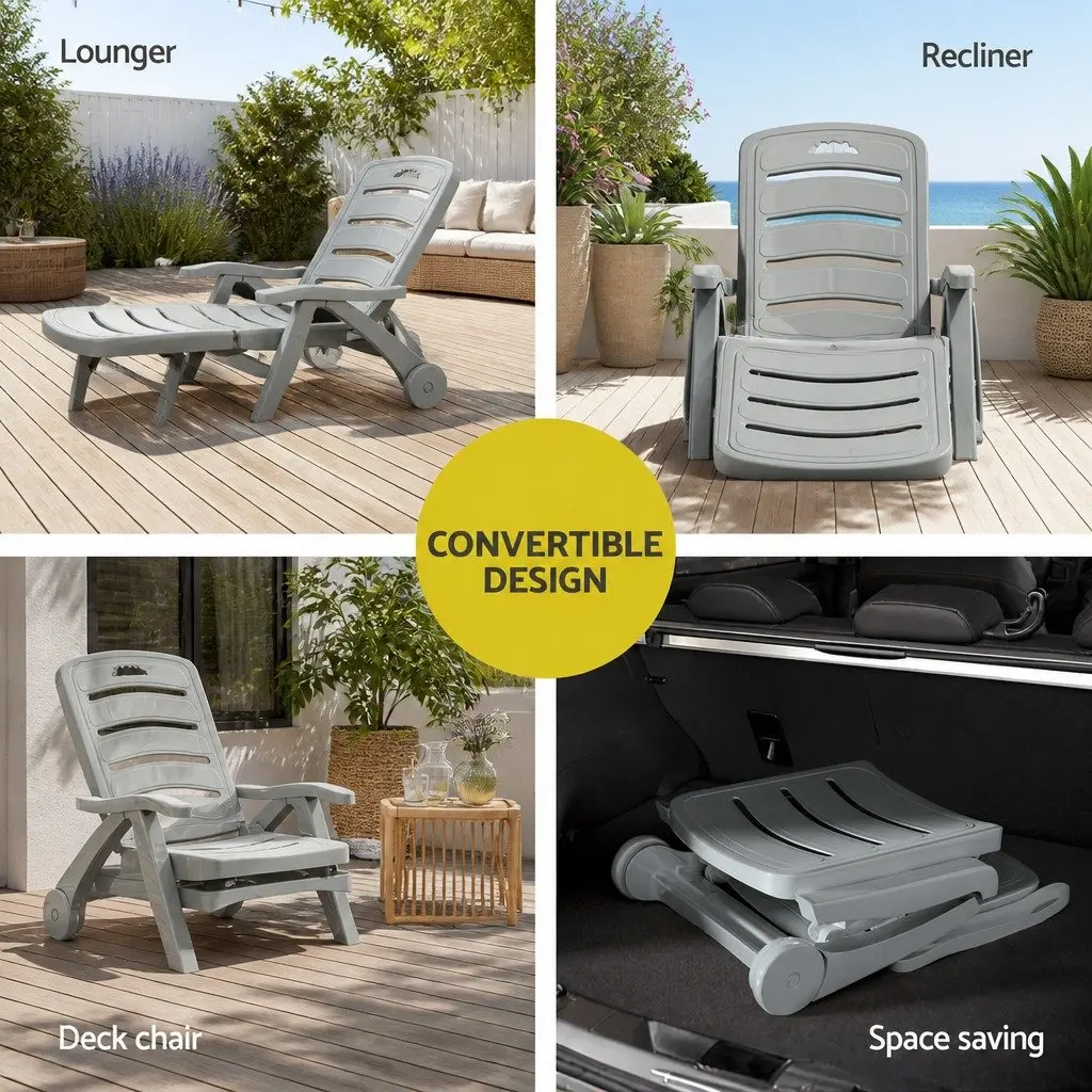 Folding Sun Lounger with 5-Position Adjustable Backrest and Wheels Grey