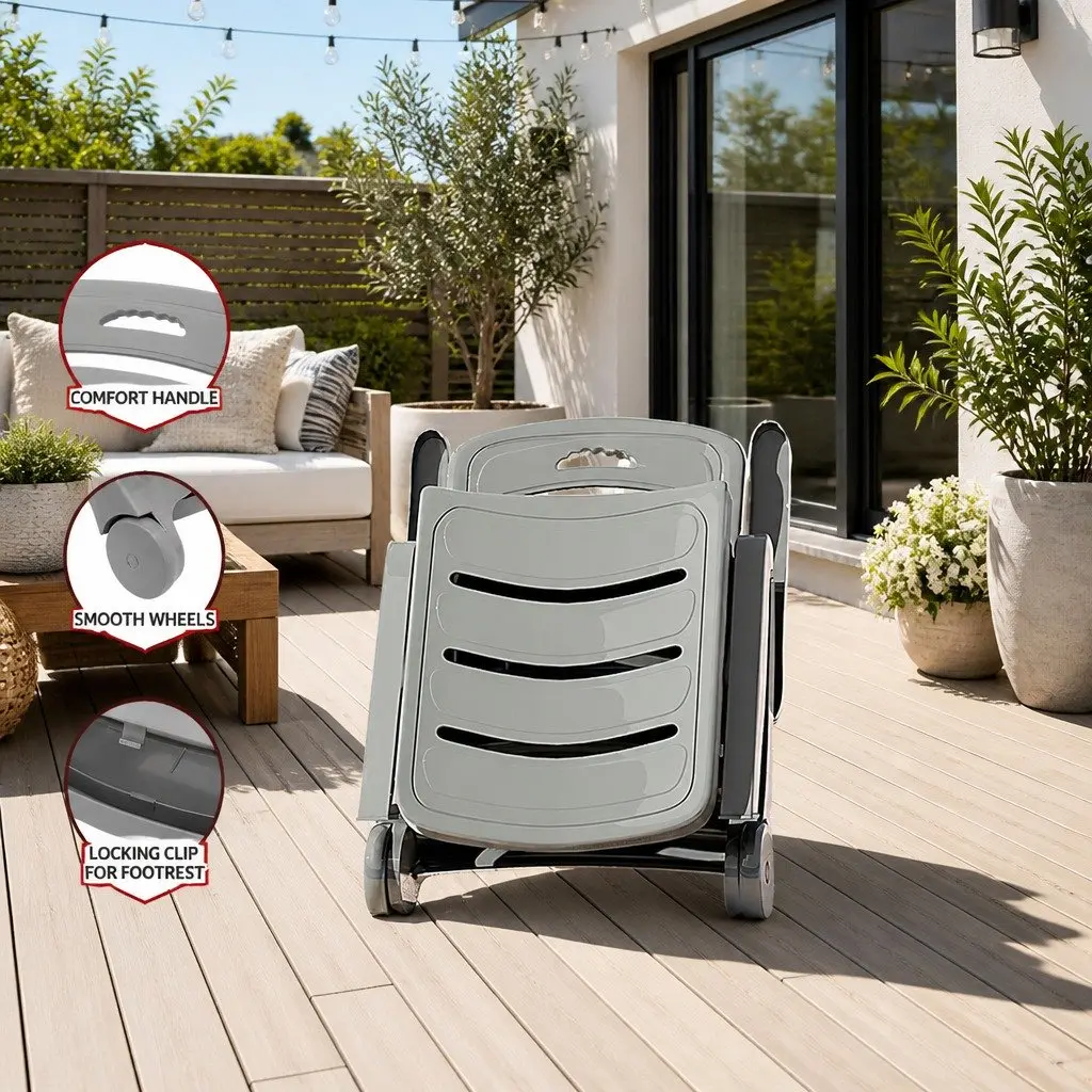 Folding Sun Lounger with 5-Position Adjustable Backrest and Wheels Grey