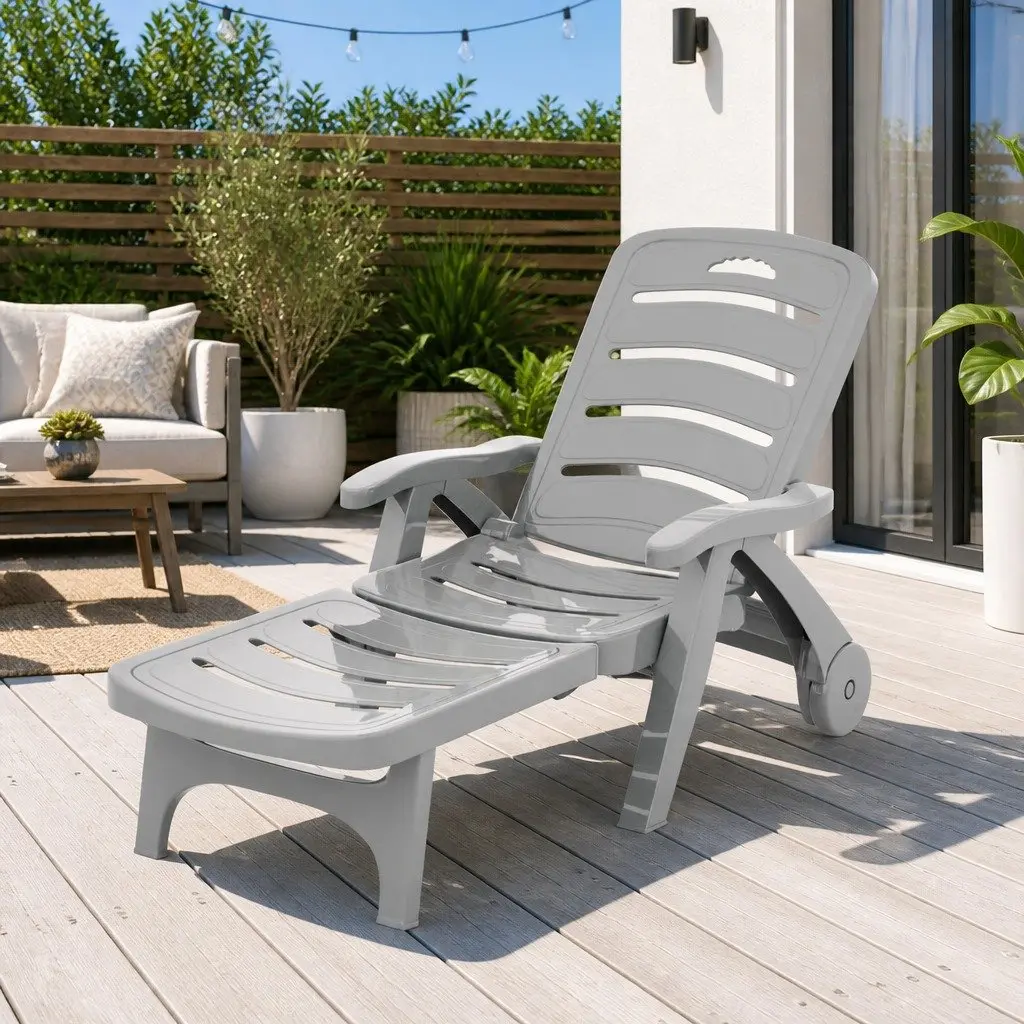 Folding Sun Lounger with 5-Position Adjustable Backrest and Wheels Grey
