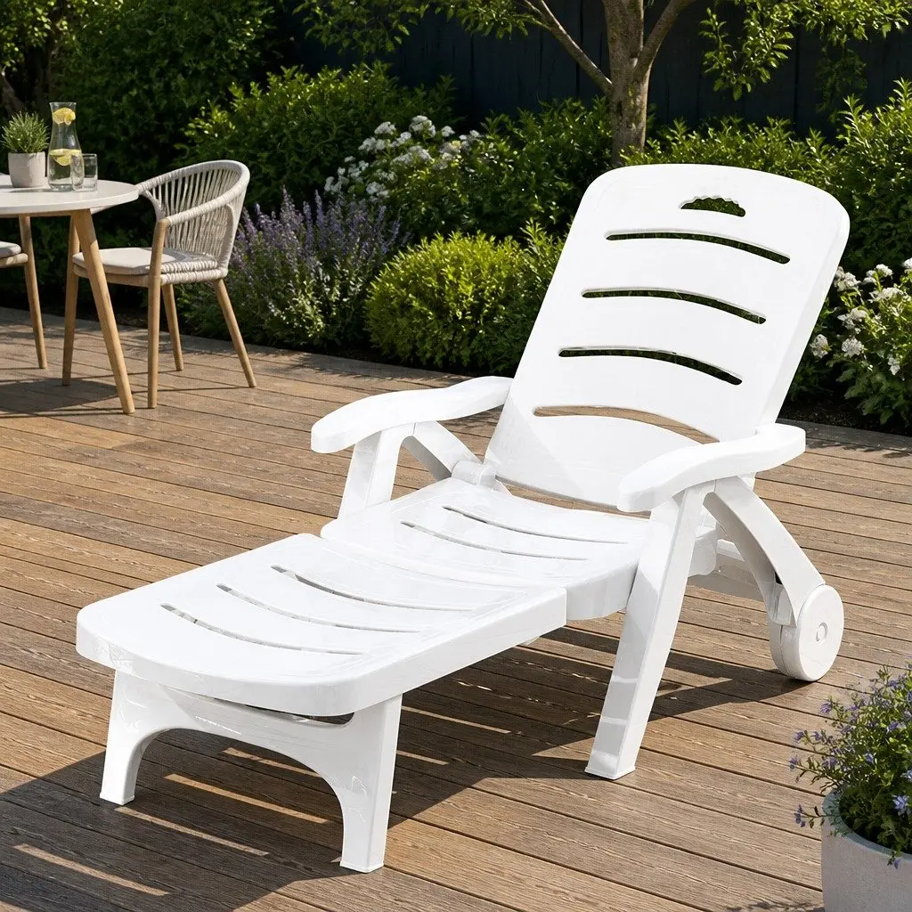 Sun Lounger Folding Chaise Chair with Wheels Adjustable Backrest White 1275 to 186 x 755 x 52 to 1055 cm