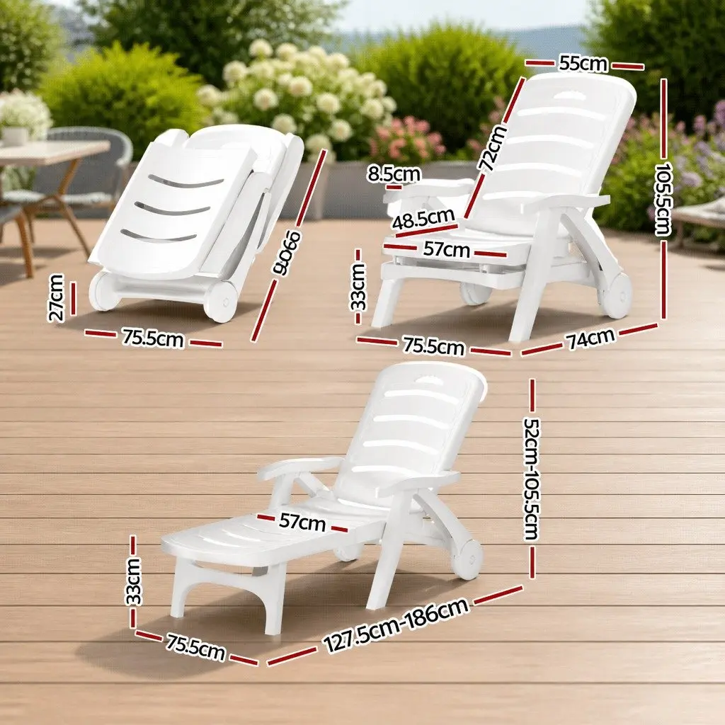 Sun Lounger Folding Chaise Chair with Wheels Adjustable Backrest White 1275 to 186 x 755 x 52 to 1055 cm
