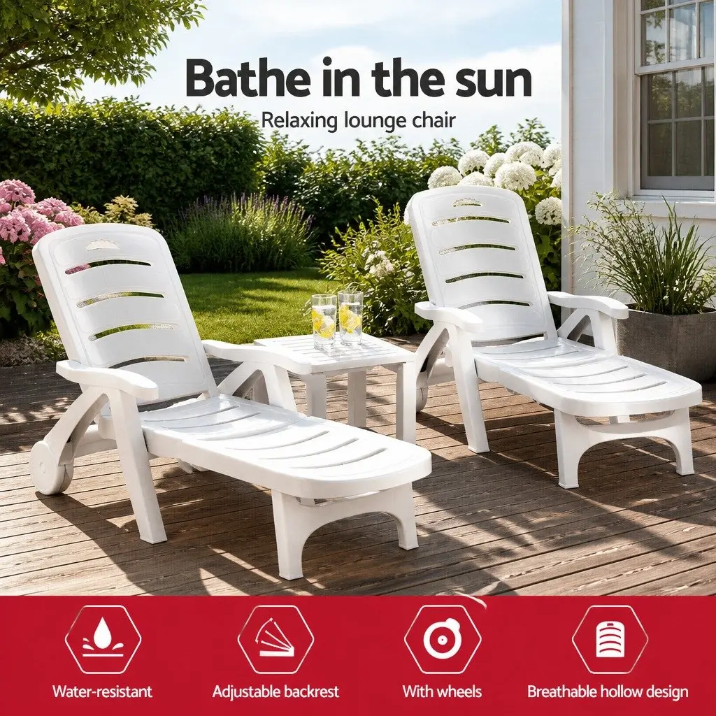 Sun Lounger Folding Chaise Chair with Wheels Adjustable Backrest White 1275 to 186 x 755 x 52 to 1055 cm