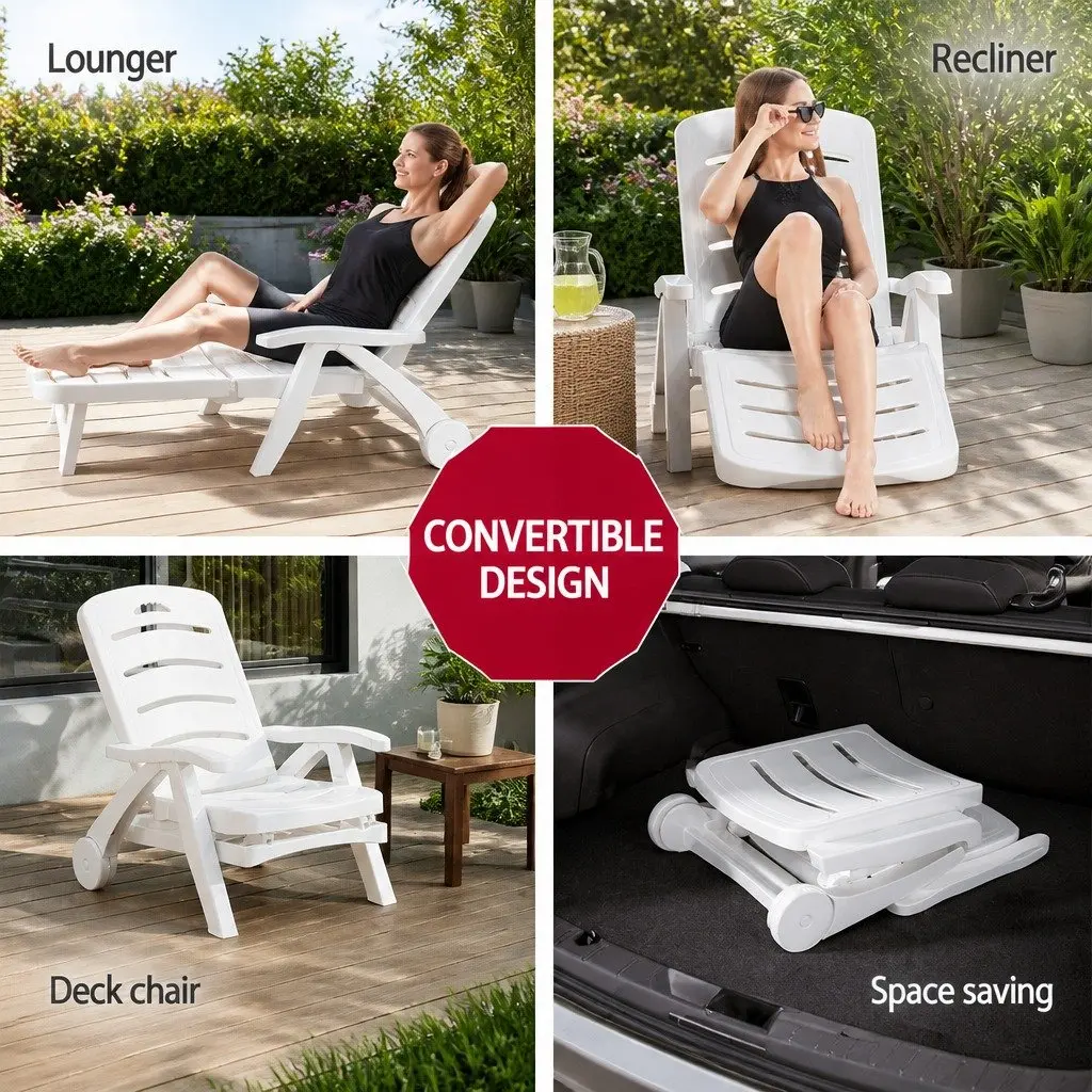Sun Lounger Folding Chaise Chair with Wheels Adjustable Backrest White 1275 to 186 x 755 x 52 to 1055 cm