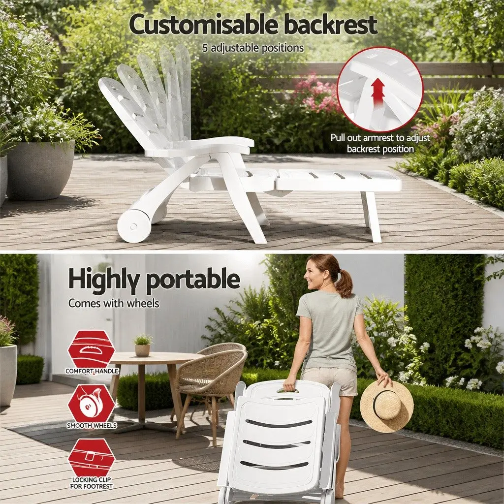 Sun Lounger Folding Chaise Chair with Wheels Adjustable Backrest White 1275 to 186 x 755 x 52 to 1055 cm