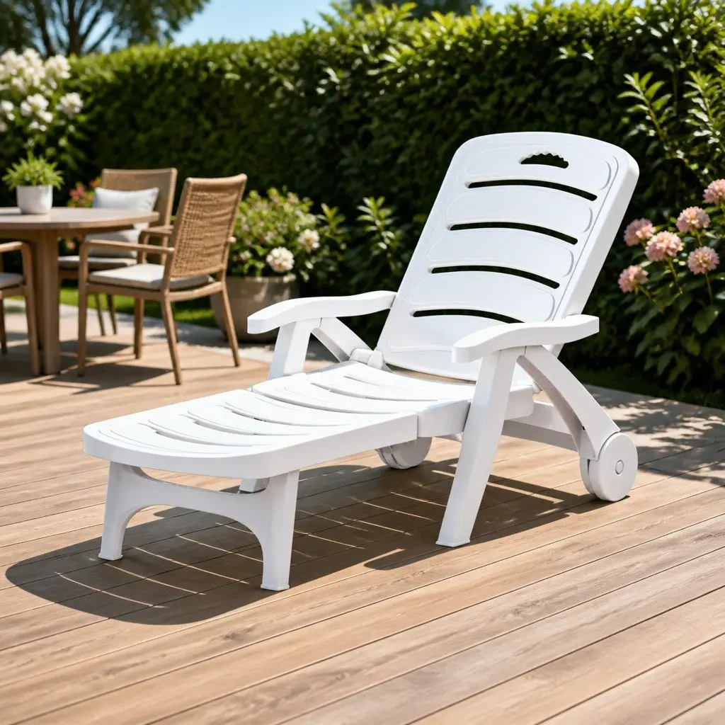 Sun Lounger Folding Chaise Chair with Wheels Adjustable Backrest White 1275 to 186 x 755 x 52 to 1055 cm