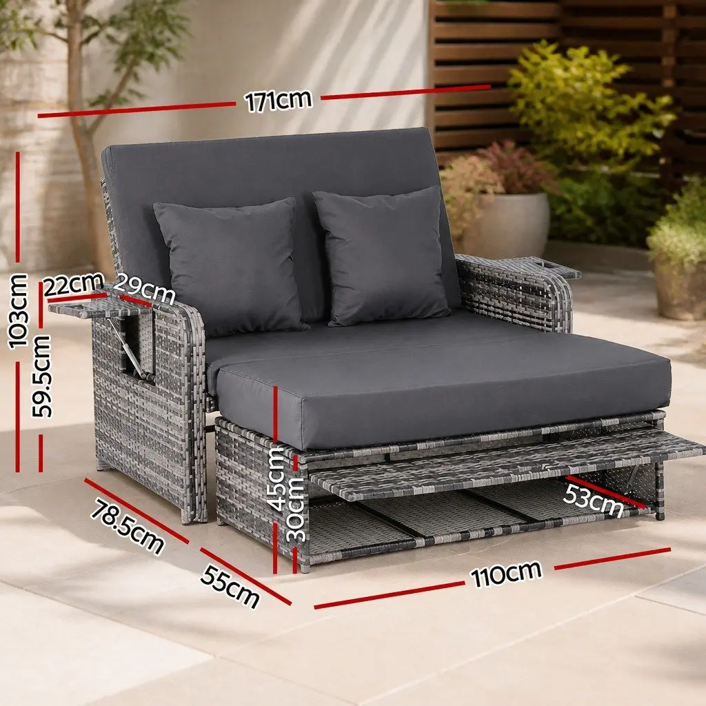 Outdoor Wicker Rattan Day Bed Adjustable Sun Lounge Grey 204cm x 127cm