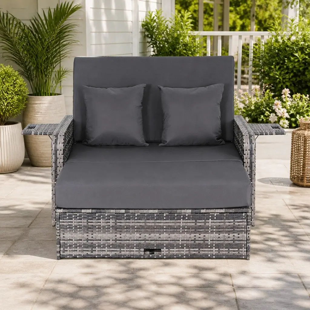 Outdoor Wicker Rattan Day Bed Adjustable Sun Lounge Grey 204cm x 127cm