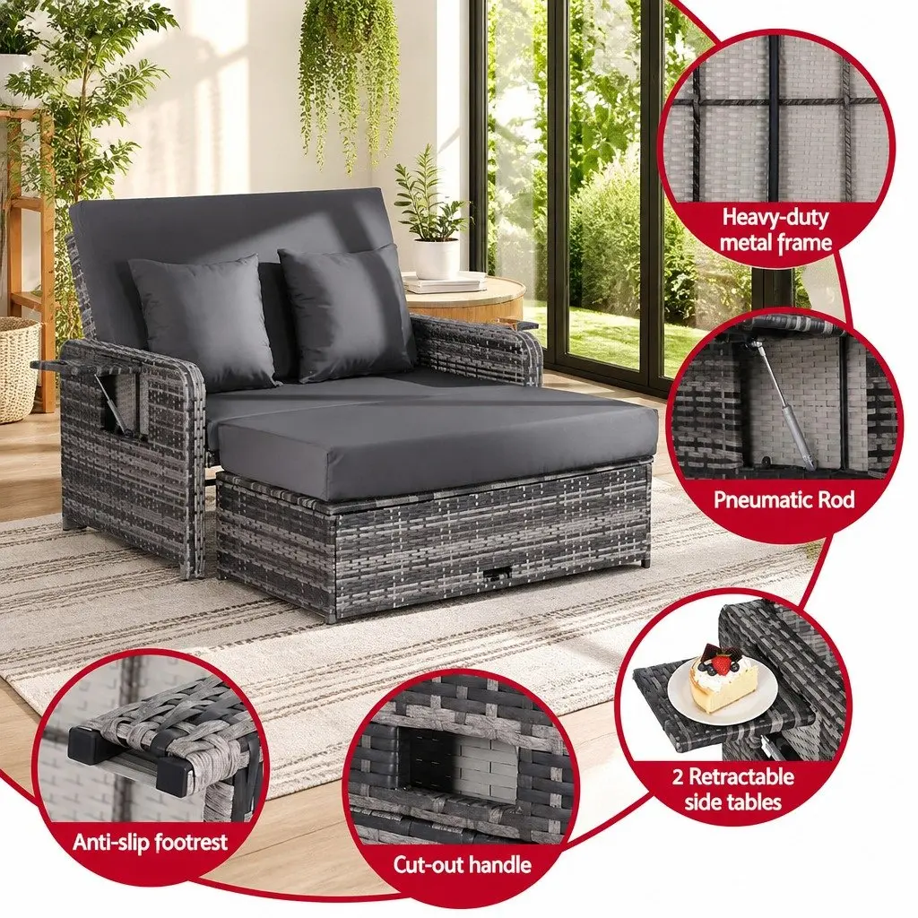 Outdoor Wicker Rattan Day Bed Adjustable Sun Lounge Grey 204cm x 127cm