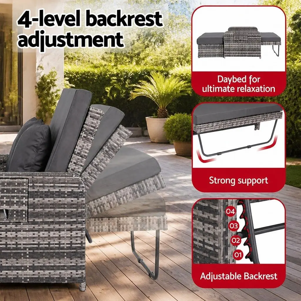 Outdoor Wicker Rattan Day Bed Adjustable Sun Lounge Grey 204cm x 127cm