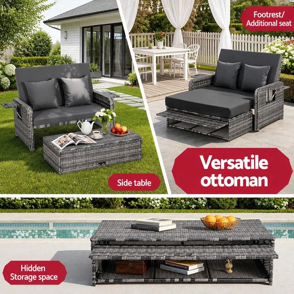 Outdoor Wicker Rattan Day Bed Adjustable Sun Lounge Grey 204cm x 127cm