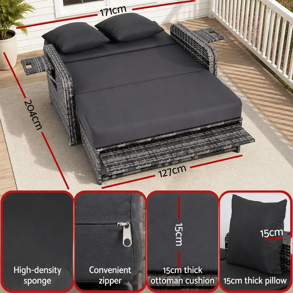 Outdoor Wicker Rattan Day Bed Adjustable Sun Lounge Grey 204cm x 127cm