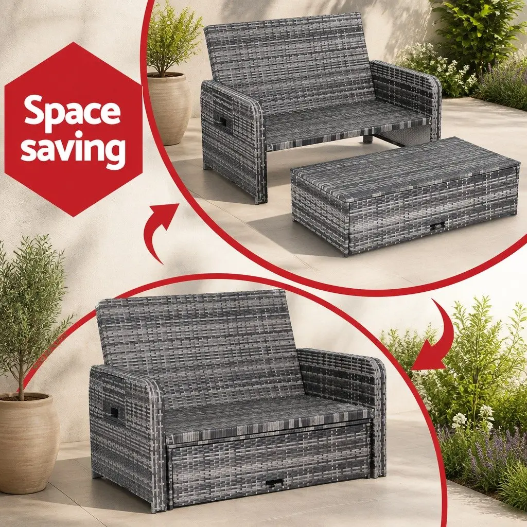 Outdoor Wicker Rattan Day Bed Adjustable Sun Lounge Grey 204cm x 127cm