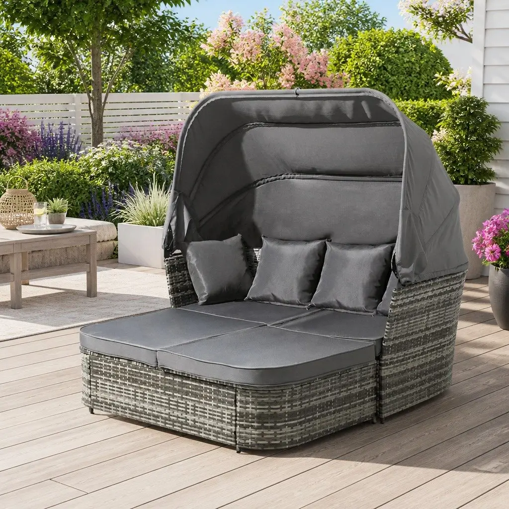 Outdoor Day Bed Lounge Setting Grey Wicker Sofa Patio Furniture Modular Garden