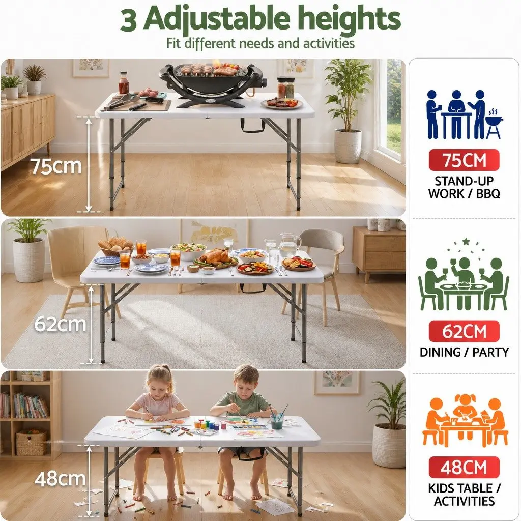 Folding Table Portable Adjustable Height 123cm Outdoor Utility