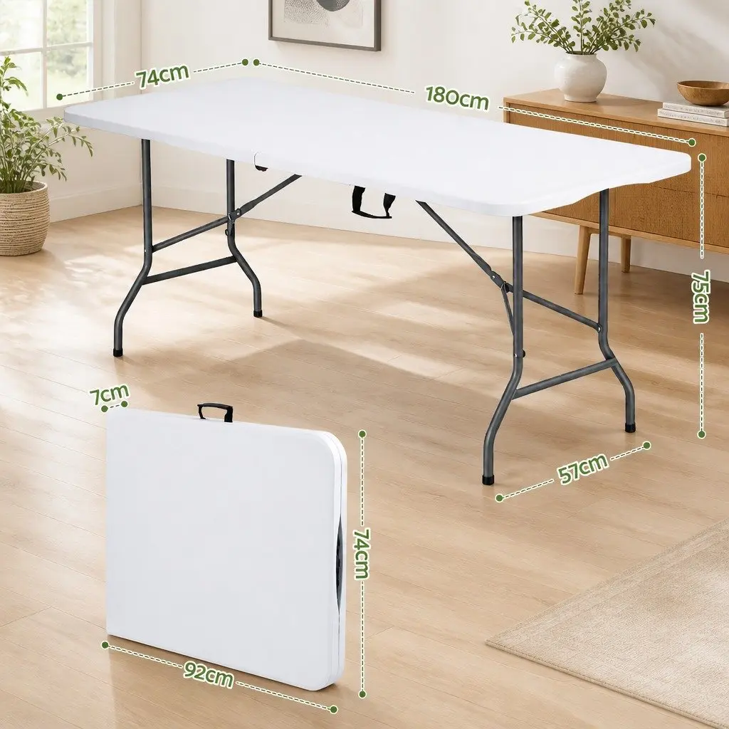 Folding Table 180cm Portable Fold-in-Half Carry Handle Camping Picnic Dining