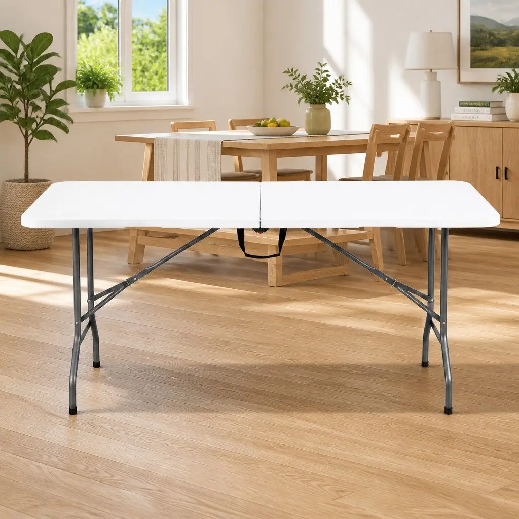 Folding Table 180cm Portable Fold-in-Half Carry Handle Camping Picnic Dining