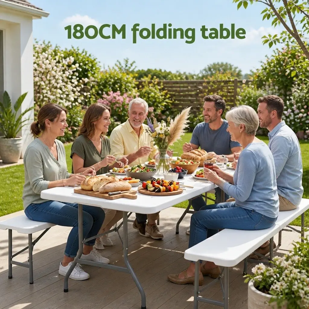 Folding Table 180cm Portable Fold-in-Half Carry Handle Camping Picnic Dining