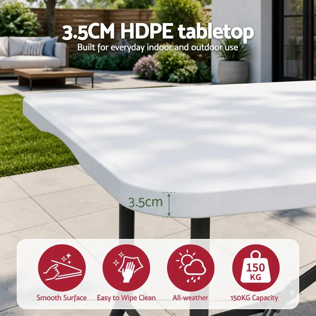 Folding Table 180cm Portable Fold-in-Half Carry Handle Camping Picnic Dining