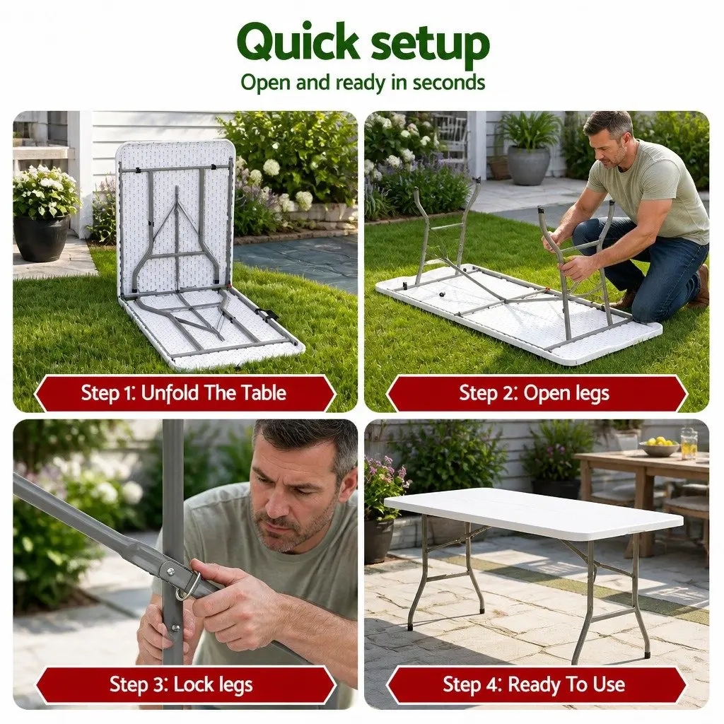 Folding Table 180cm Portable Fold-in-Half Carry Handle Camping Picnic Dining