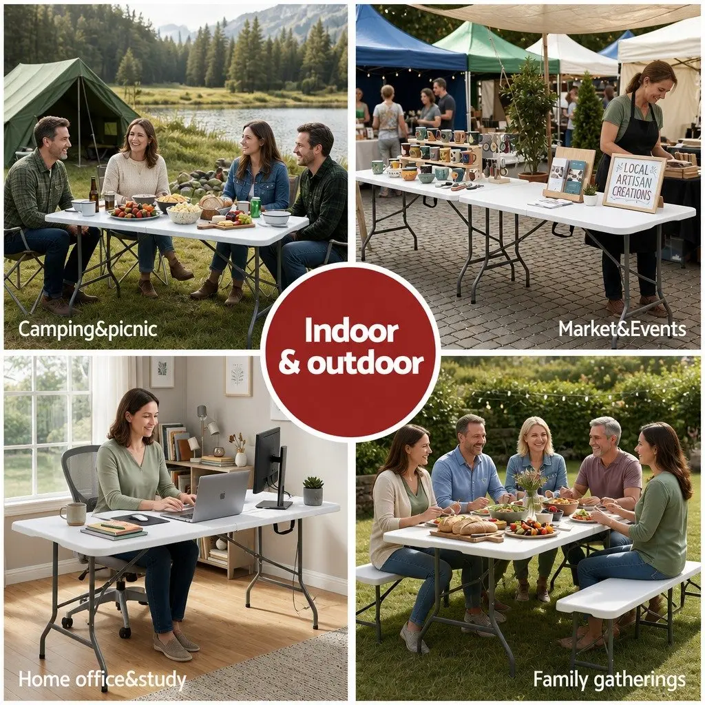 Folding Table 180cm Portable Fold-in-Half Carry Handle Camping Picnic Dining