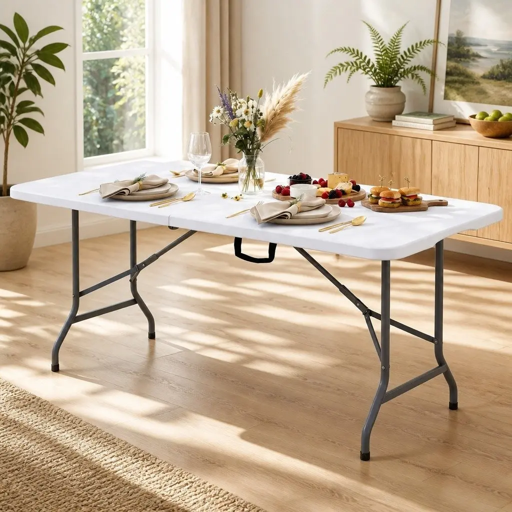 Folding Table 180cm Portable Fold-in-Half Carry Handle Camping Picnic Dining