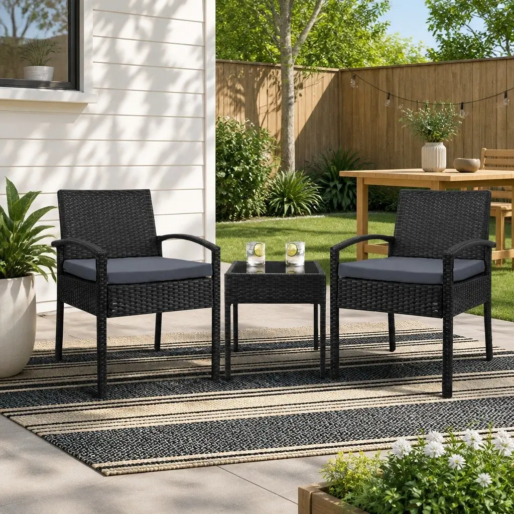 Outdoor Patio Lounge Set 3 Piece Wicker Bistro Furniture Chairs Table Black