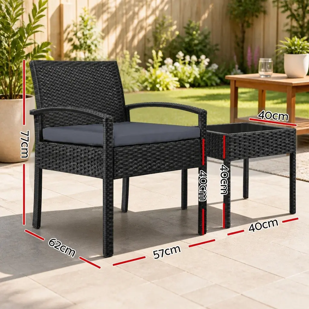 Outdoor Patio Lounge Set 3 Piece Wicker Bistro Furniture Chairs Table Black