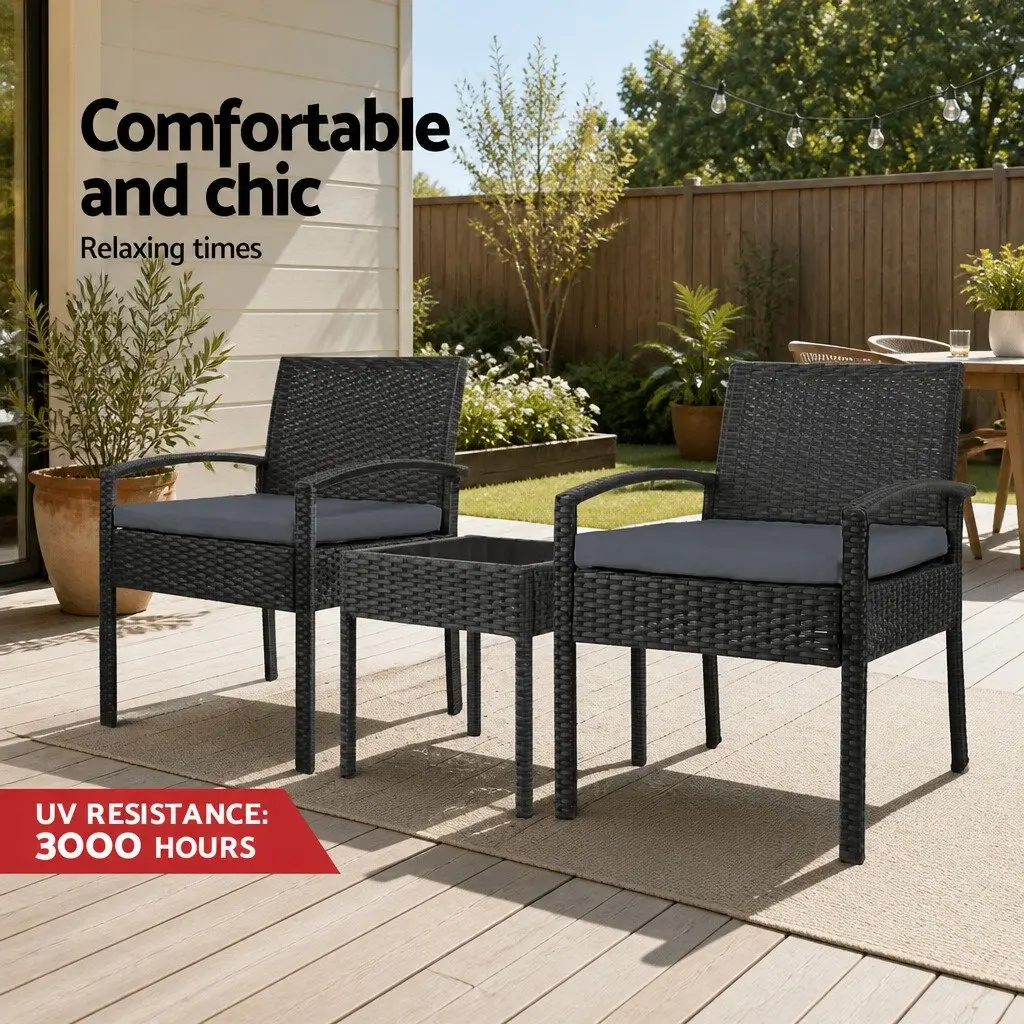 Outdoor Patio Lounge Set 3 Piece Wicker Bistro Furniture Chairs Table Black