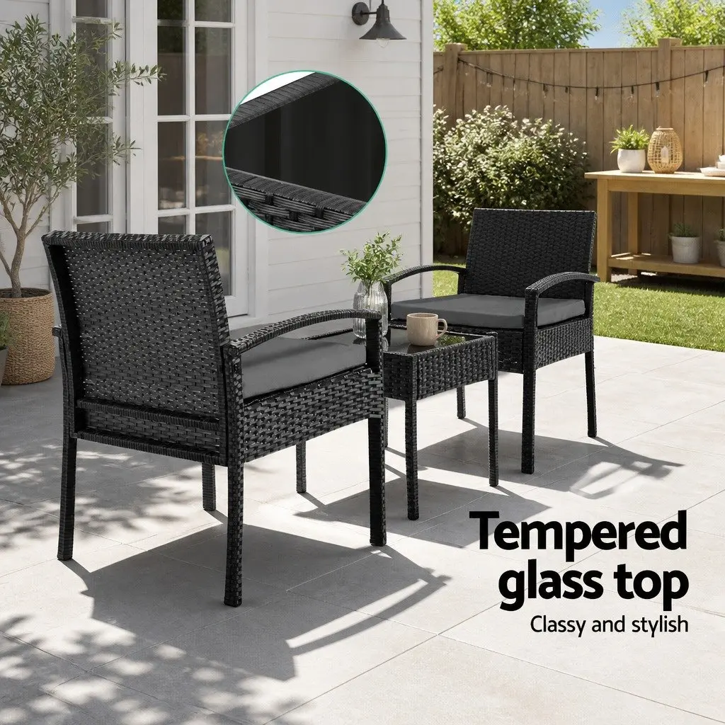 Outdoor Patio Lounge Set 3 Piece Wicker Bistro Furniture Chairs Table Black