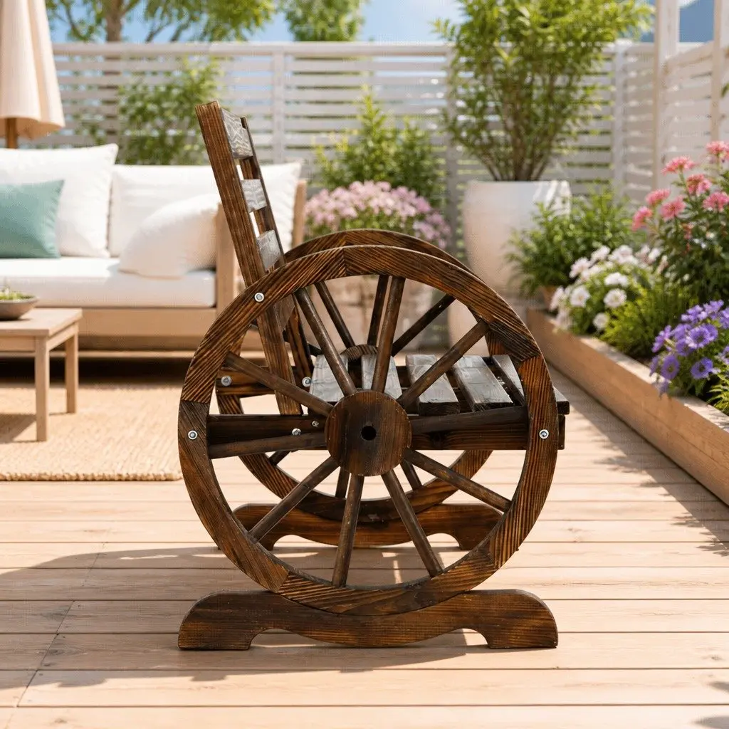 Outdoor Garden Bench 2 Seat Wagon Wheel Chair Wooden Patio Backyard Furniture