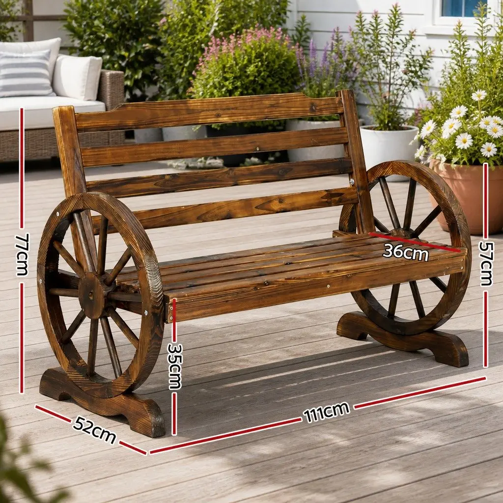 Outdoor Garden Bench 2 Seat Wagon Wheel Chair Wooden Patio Backyard Furniture