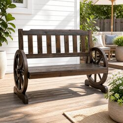 Friendly Garden Bench for Two: Wagon-Wheel Wooden Style