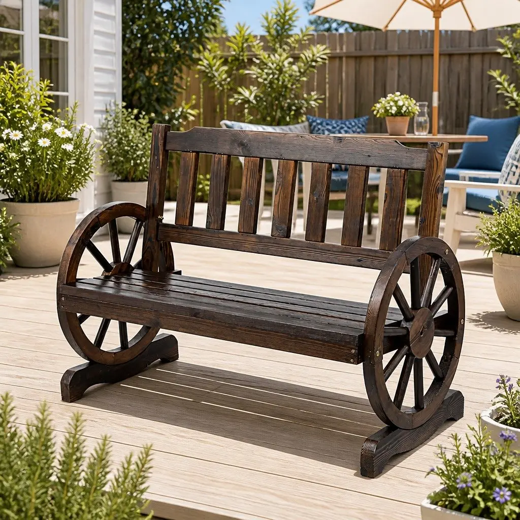 Outdoor Garden Bench 2 Seater Wagon Wheel Chair Wooden Patio Backyard Furniture