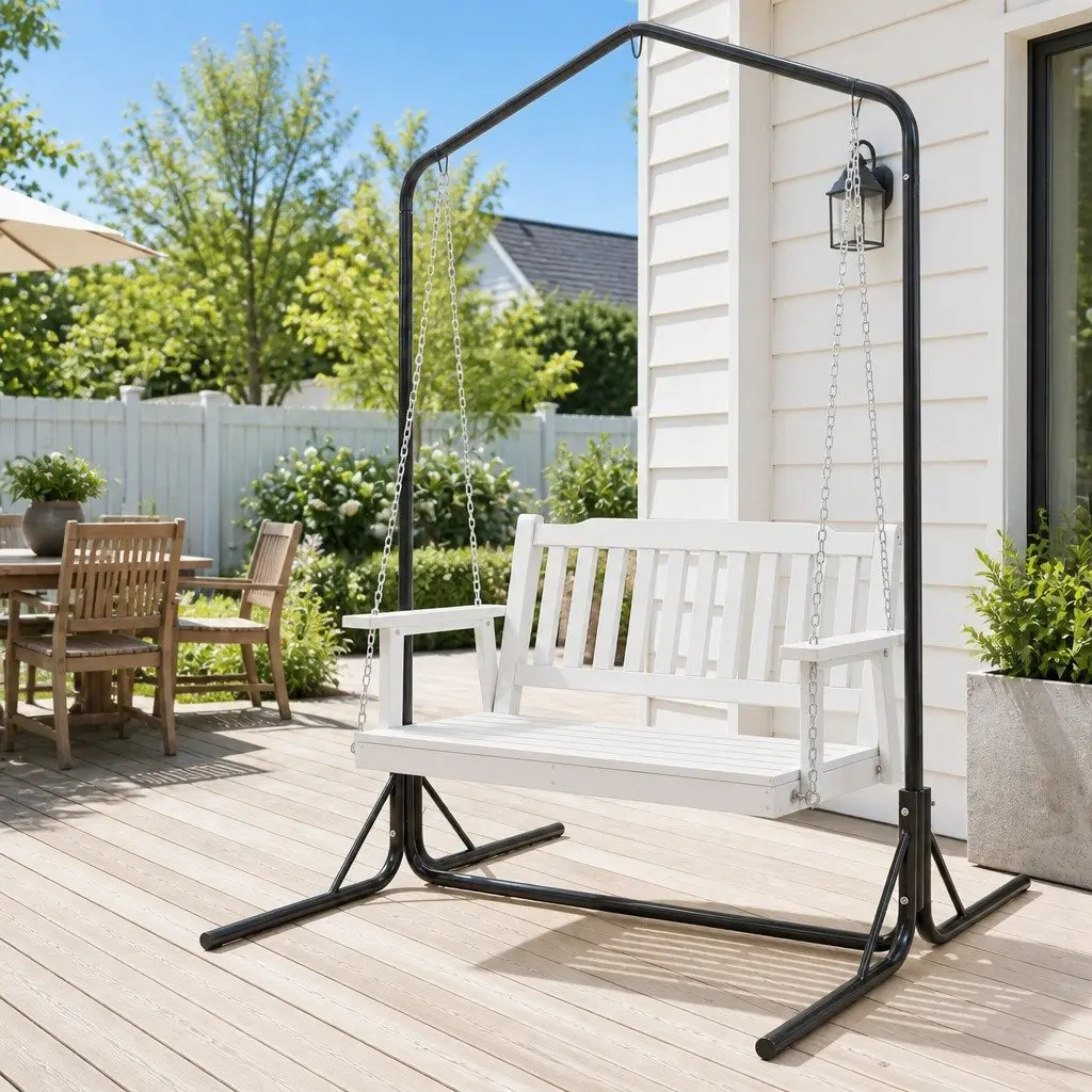 2-Seater Outdoor Swing Chair Wooden Bench with Metal Stand Garden Hanging Seat