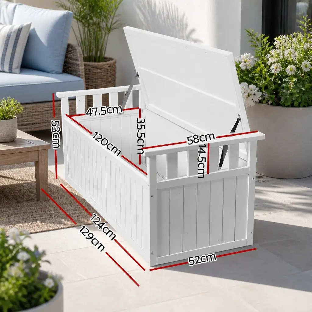 Outdoor Storage Bench Box 129cm Wooden Garden Toy Chest Patio Furniture White XL