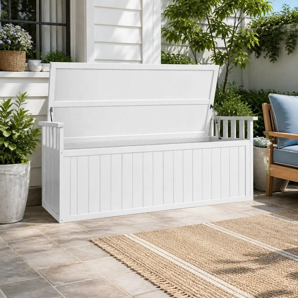 Outdoor Storage Bench Box 129cm Wooden Garden Toy Chest Patio Furniture White XL