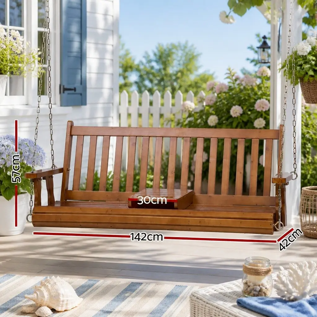 Outdoor Swing Chair 2 Seater with Cup Holder Teak Wood Frame 142 x 42 x 57 cm