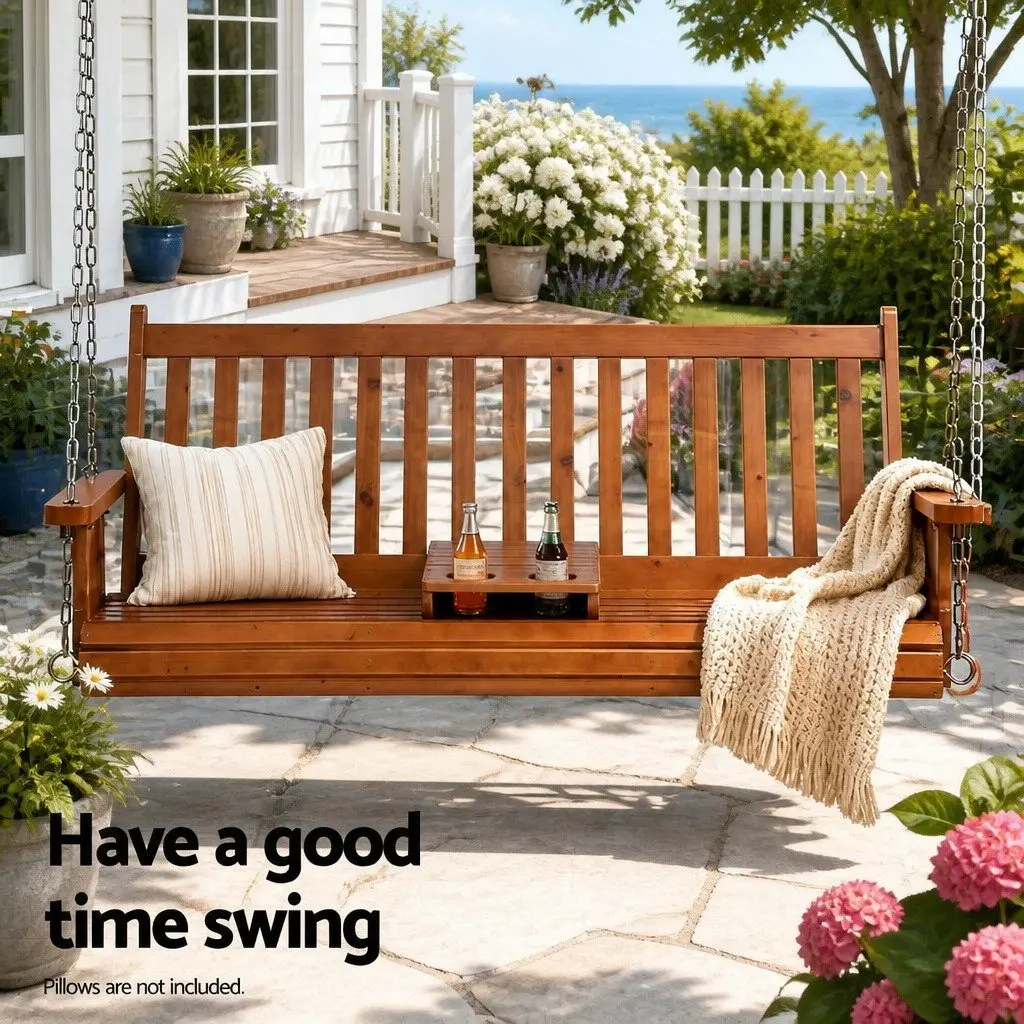 Outdoor Swing Chair 2 Seater with Cup Holder Teak Wood Frame 142 x 42 x 57 cm