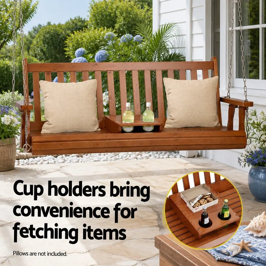 Outdoor Swing Chair 2 Seater with Cup Holder Teak Wood Frame 142 x 42 x 57 cm