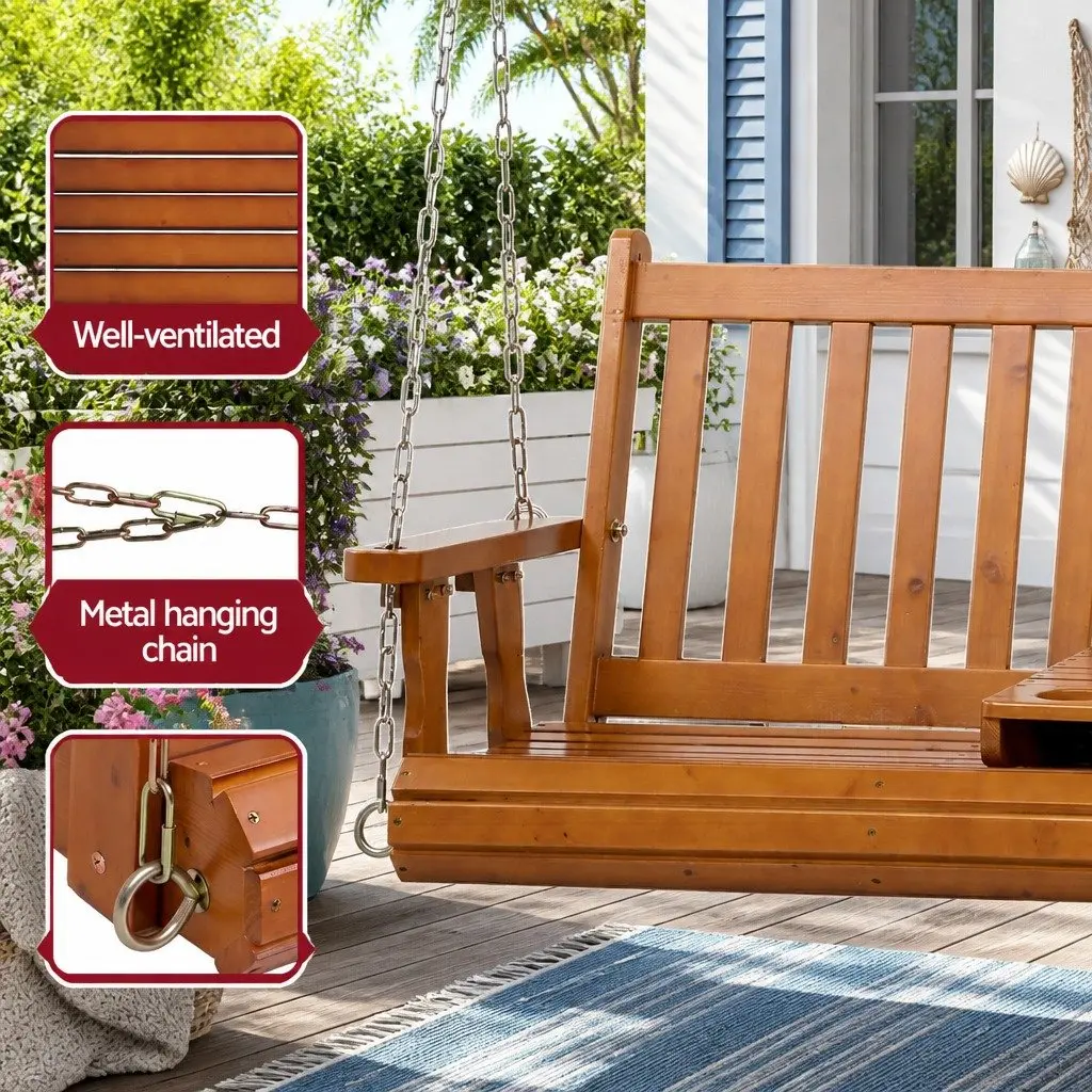 Outdoor Swing Chair 2 Seater with Cup Holder Teak Wood Frame 142 x 42 x 57 cm