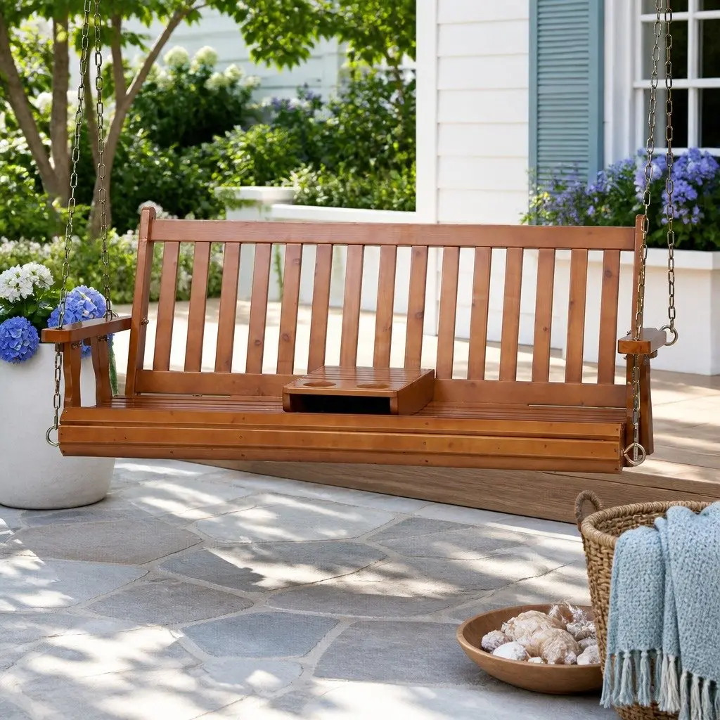Outdoor Swing Chair 2 Seater with Cup Holder Teak Wood Frame 142 x 42 x 57 cm